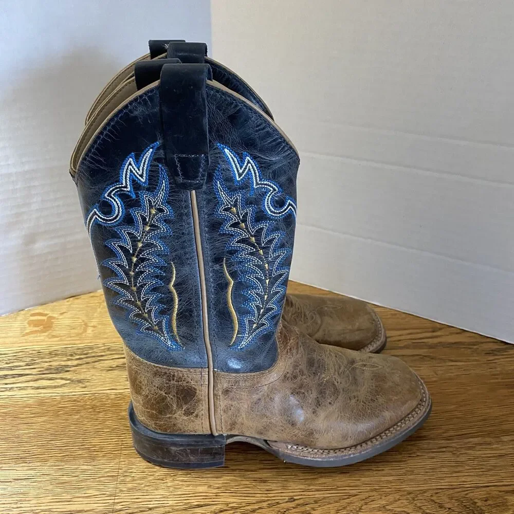 Old West Boys Square Toe Leather Cowboy Boots Sz 1.0 D Brown/Blue Pull On
